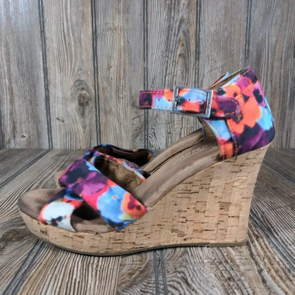 Toms Wedge Sandals Floral Hawaiian Platform Ankle Strap Peep Toe Shoes‎ Size 6